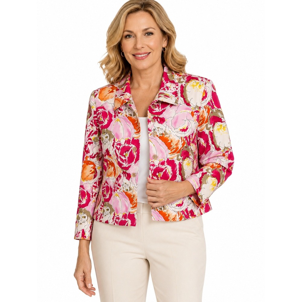Jones New York Floral Crop Jacket Silk Cotton Pink Orange Lined 12 CoastalResort